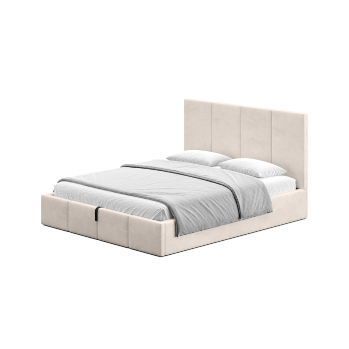 Cremefarbenes Doppelbett mit Stoffbezug